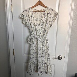 MONTEAU Linen Dress Size Med Ruffle Hem White Black Floral Belt Office Shower